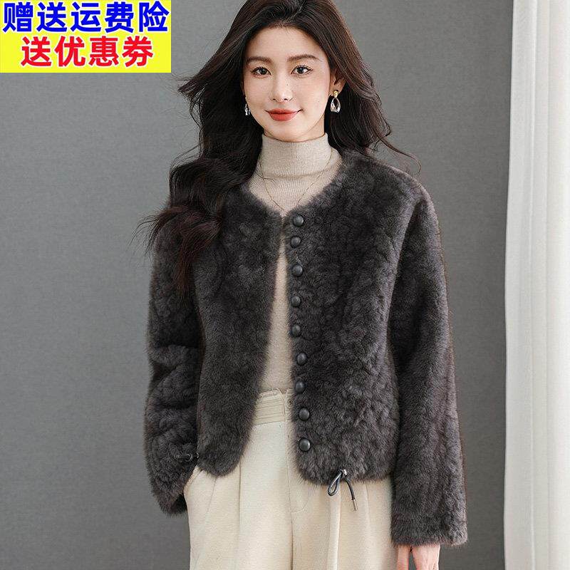 仿水貂绒圆领外套女开衫短款单排扣宽松羊毛衫2025秋冬新款爆款