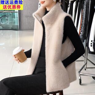 秋冬皮毛一体水貂绒马甲女无袖短款背心保暖妈妈装羊羔毛外穿