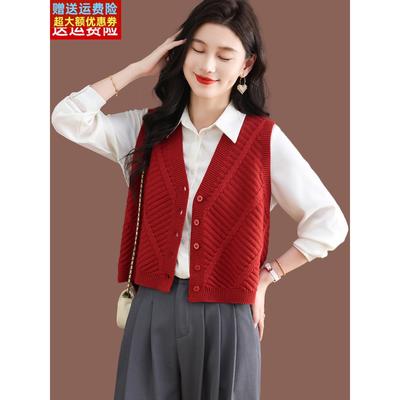 羊毛针织马甲女春秋新款小个子背心坎肩外搭短款红色毛衣开衫外套
