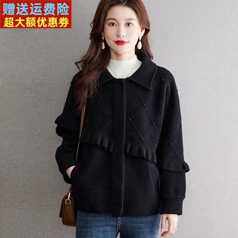 黑色钉珠木耳边针织外衣女2025秋冬新款翻领单排扣短款毛呢外套