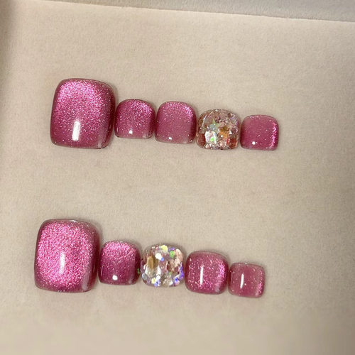 野莓金闪脚趾甲光疗手工穿戴甲