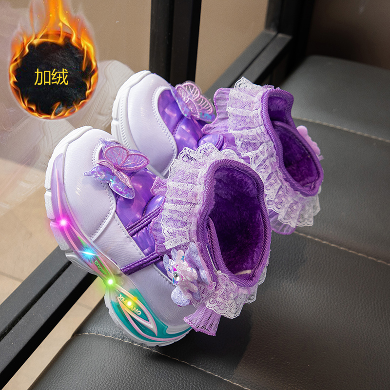 女童雪地靴发光保暖靴子冬季2025新款儿童二棉鞋子皮毛一体中大童