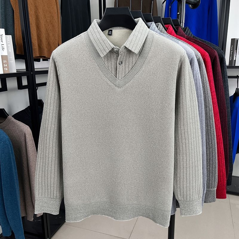 假两件毛衣男衬衫领打底衫冬季中青年套头加绒加厚保暖男士针织衫