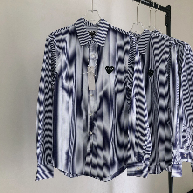 新款川久情侣刺绣爱心条纹衬衫日系衬衣纯棉保玲男女同款防晒play