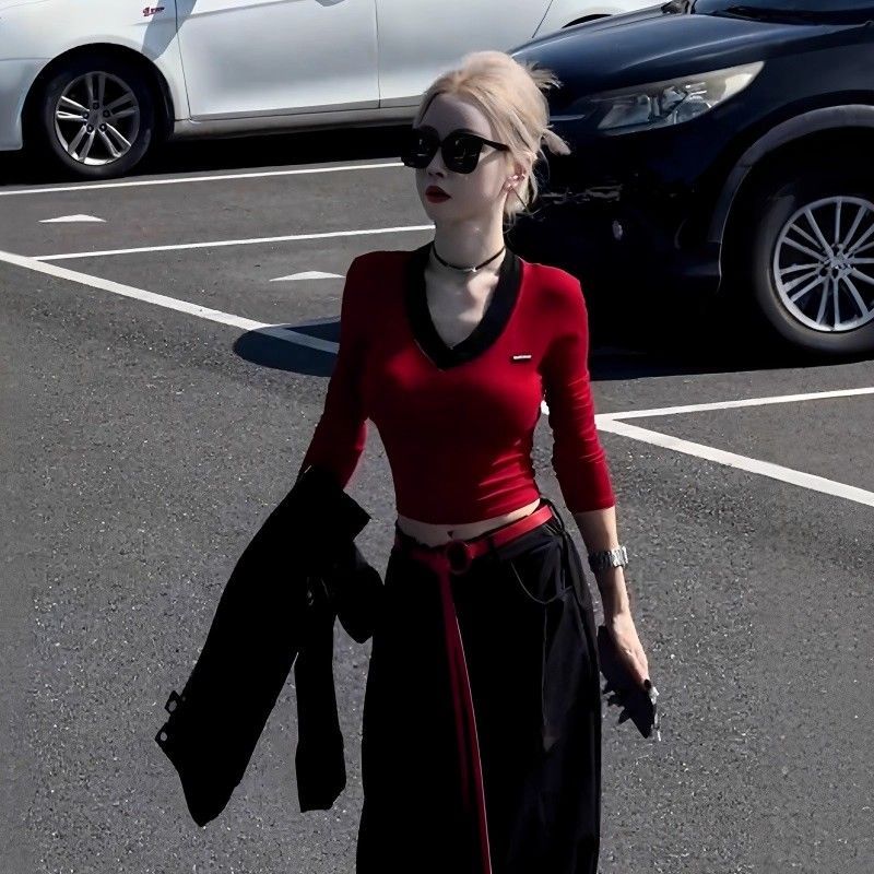 V领撞色假两件长袖t恤女