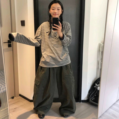 灰色条纹长袖t恤女春季