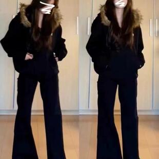 毛领连帽卫衣深秋初冬外套女秋冬2024新款高级感美式复古开衫上衣