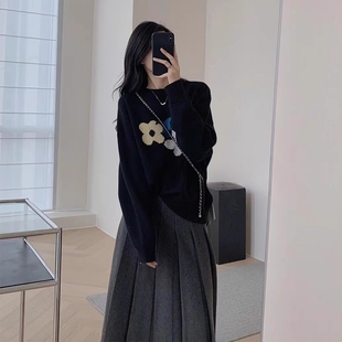 韩系慵懒风花朵毛衣女2023秋冬新款 vintage复古针织上衣宽松百搭