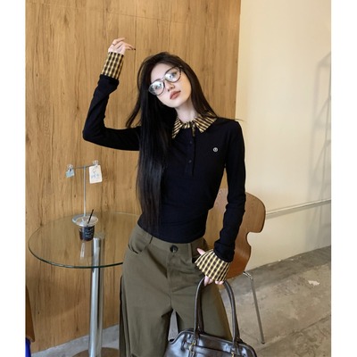 格纹polo领拼接假两件长袖针织衫