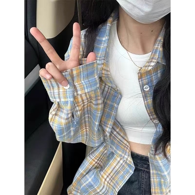 黄蓝格子衬衫外套女薄款2024早秋新款小个子美式小众长袖防晒上衣