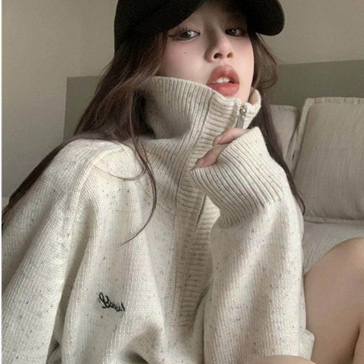 慵懒风软糯高领毛衣女秋冬外穿加厚宽松设计感半拉链针织上衣外套,女装/女士精品,大码棉服,淘宝优惠券,粉丝福利购,淘宝优惠卷