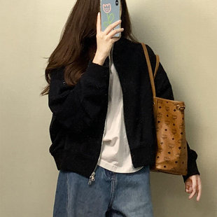 立领夹克开衫 黑色卫衣外套女2025新款 复古小个子短款 美式 上衣 秋季