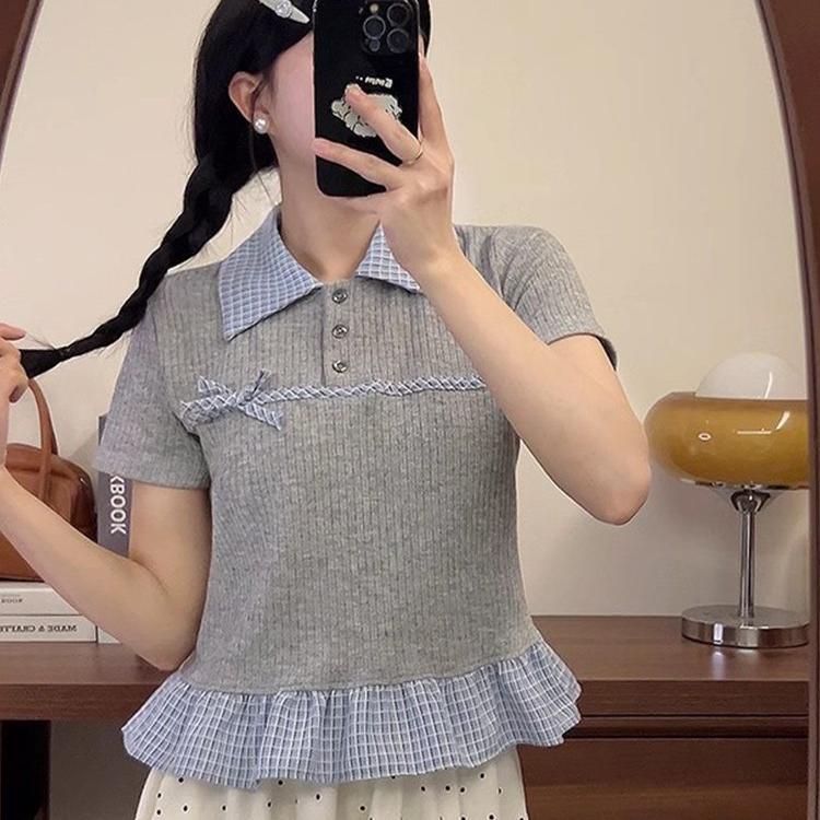 格纹拼接polo领针织短袖t恤女