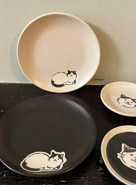 久物 日式粗陶5寸小碟釉下彩黑色手绘猫咪甜品碟零食碟吐骨碟味碟