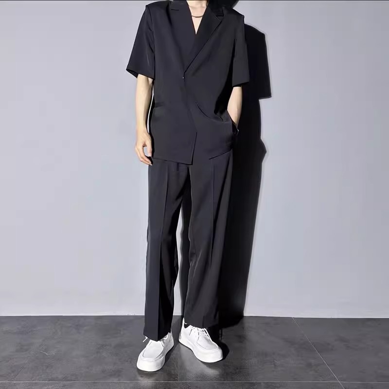 西服套装男士夏季痞帅休闲百搭套装冰丝薄款时尚西装轻熟风两件套