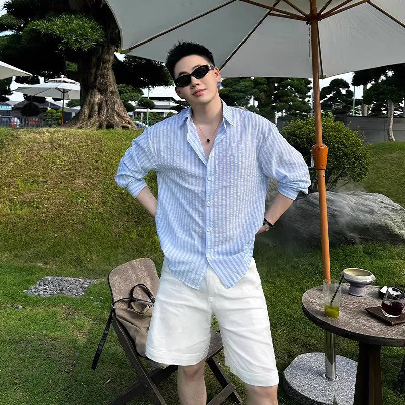 高端雅痞风高知松弛感蓝色条纹衬衫春季男款休闲衬衣开衫防晒外套