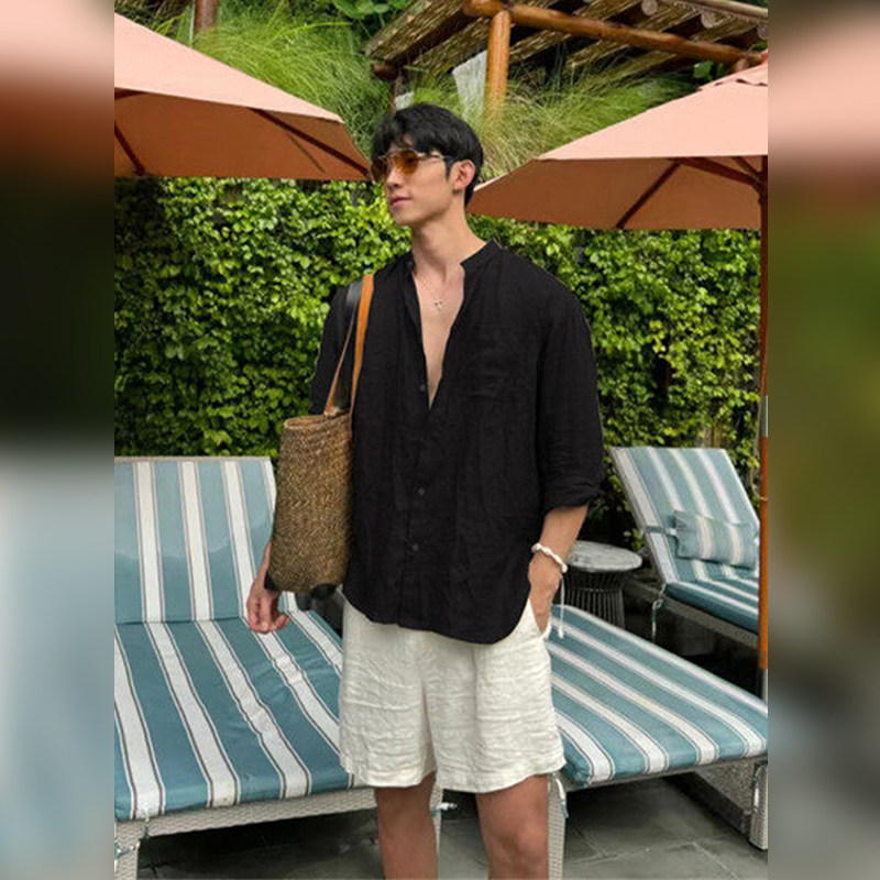 高端老钱风黑色立领衬衫男士2026夏季松弛感防晒衬衣百搭薄款外套