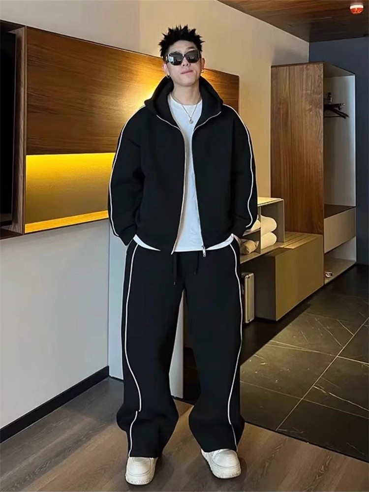 潮牌高端秋季男士时尚街头风休闲运动套装拼色连帽卫衣卫裤两件套