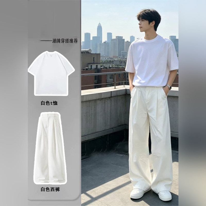 高端2026夏季套装男士潮牌痞帅高级感垂坠感白色西裤搭配一整套