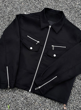 KINETIC 2023FW原创黑色拉链短款夹克纽扣口袋翻领工装休闲外套潮