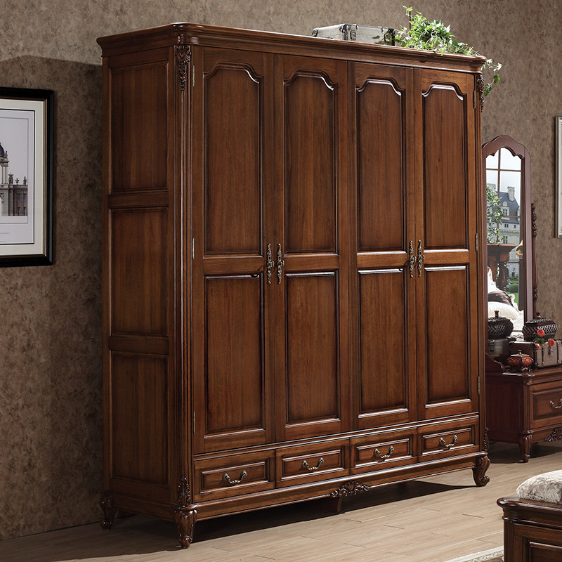 黑胡桃木衣柜美式四门衣橱全实木对开门储物大柜简约复古卧室家具