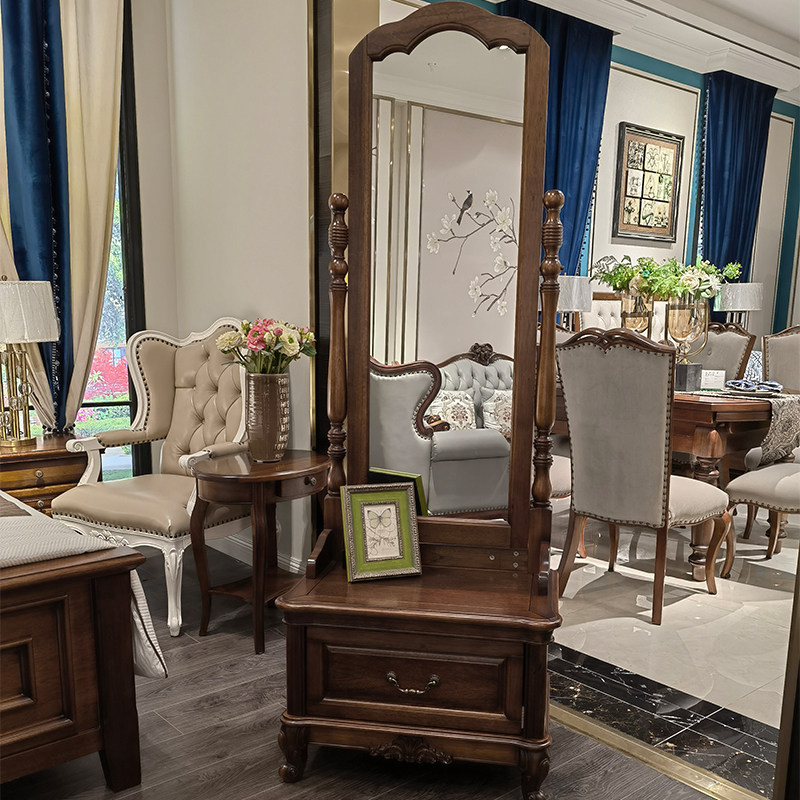 黑胡桃木穿衣镜实木卧室落地镜储物收纳柜复古换鞋凳美式乡村家具