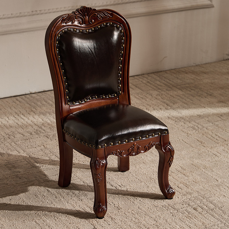 美式胡桃木小凳子原木雕花换鞋凳头层牛皮儿童靠背凳子