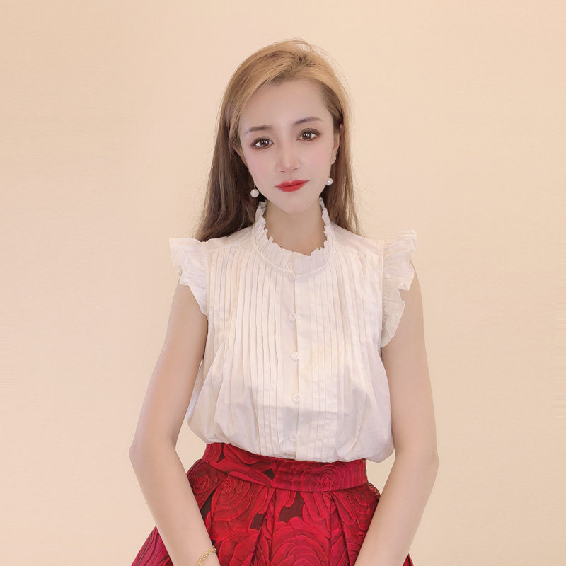 子未伊 白色无袖上衣款式打底女夏季新款甜美减龄百搭立领飞飞袖