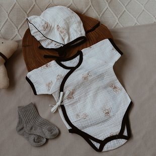 婴姿新生婴儿包屁衣春夏纱布半袖透气薄款0-3月宝宝衣服超萌爬服