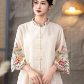 民族风复古棉麻上衣女 荷叶立领绣花对开衫 夏季 重工刺绣国风衬衫