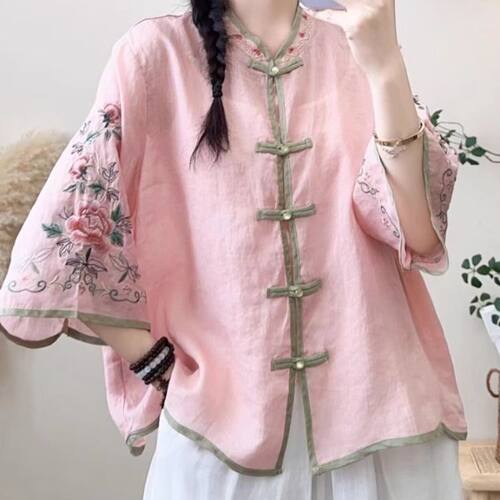 文艺复古夏季棉麻新中式刺绣盘扣衬衫国风七分袖宽松立领上衣女
