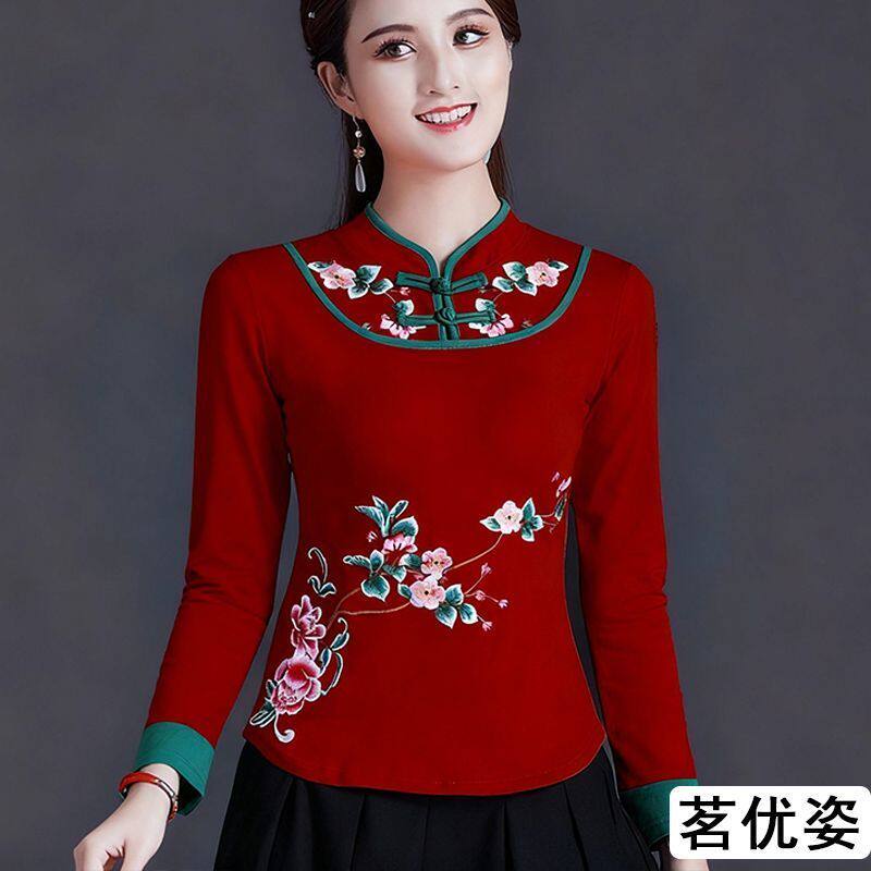 纯棉新款民族风绣花长袖T恤女装打底衫中国风刺绣修身上衣女
