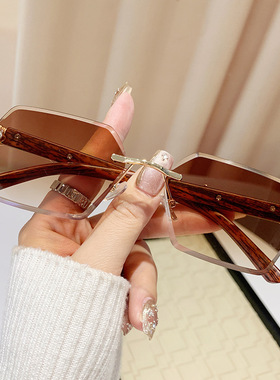 无框多边形豹子木纹镜腿太阳镜欧美复古墨镜ins网红街拍太阳眼镜