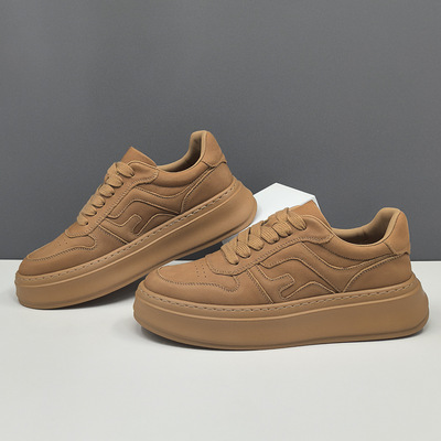 男生真皮板鞋男款潮鞋头层牛皮百搭休闲鞋欧洲站厚底增高鞋运动鞋