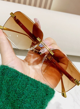 新款木纹镜腿金属无框太阳镜欧美不规则方形潮流墨镜跨境眼镜