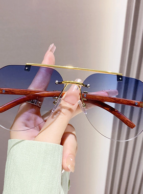 新款豹子头蛤蟆镜欧美复古双梁猎豹太阳镜无框金属木纹镜腿墨镜
