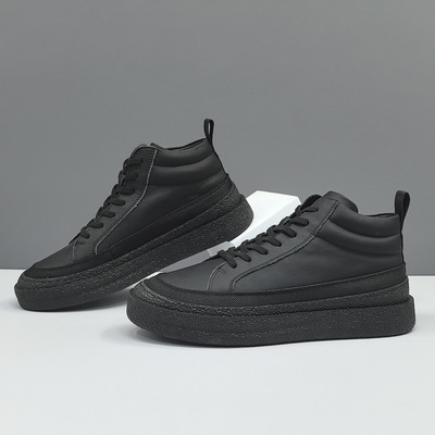 男士黑色休闲鞋秋冬加绒高帮真皮板鞋男款潮流百搭鞋子欧洲站男鞋