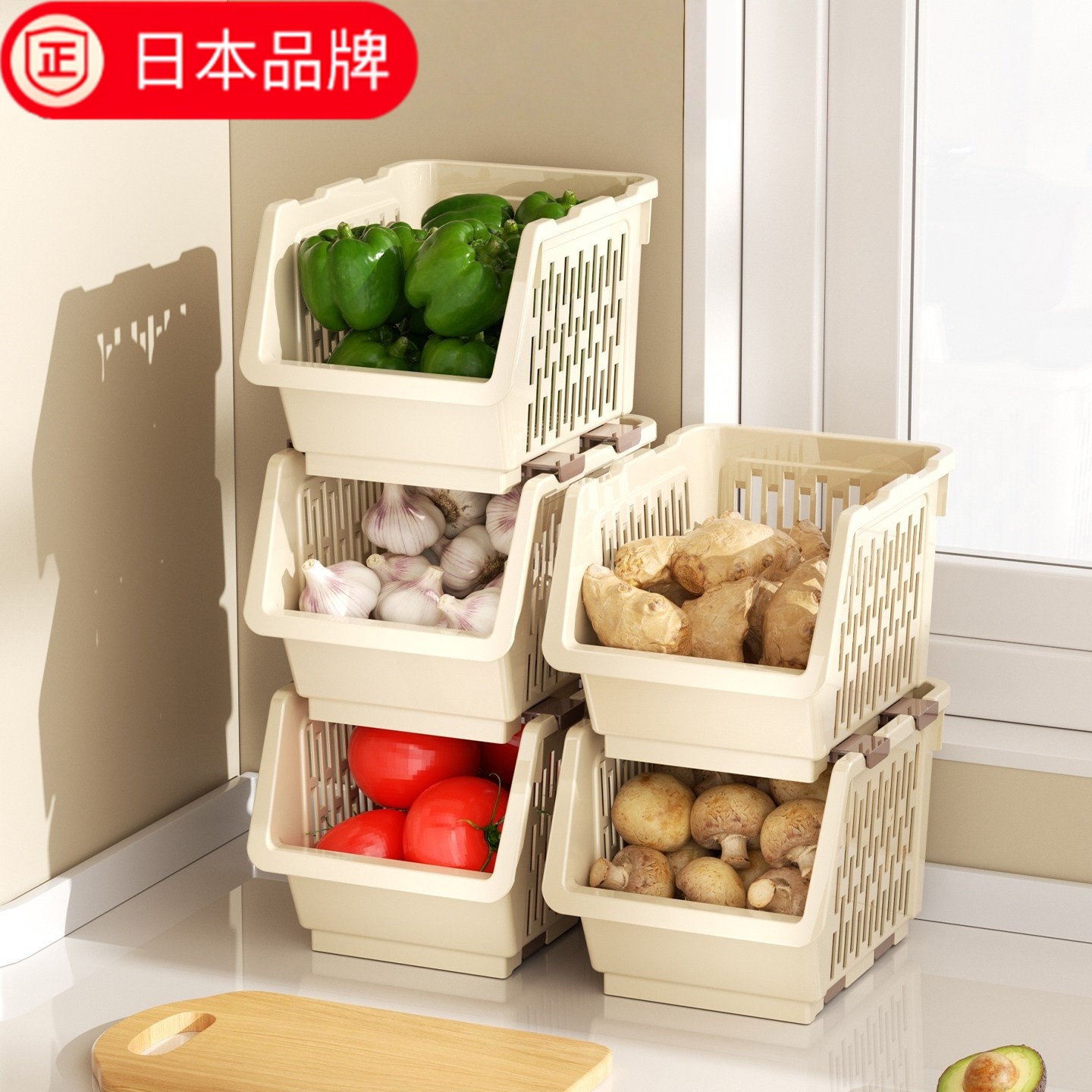 日本进口葱姜蒜收纳筐厨房可叠加收纳盒装蔬菜水果大蒜生姜置物架