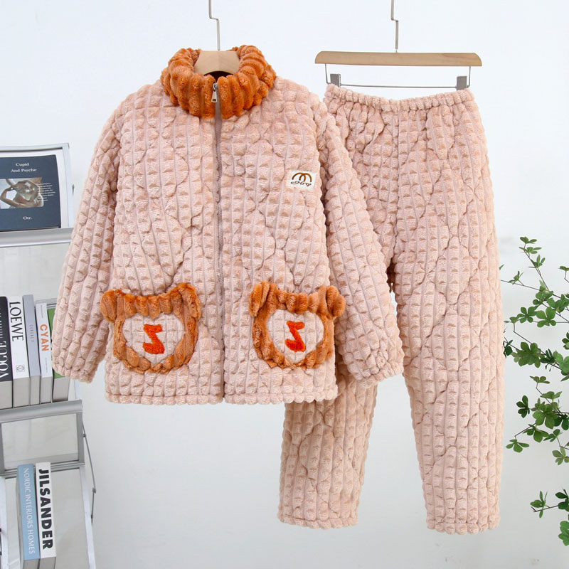 睡衣女冬加绒加厚夹棉家居服套装