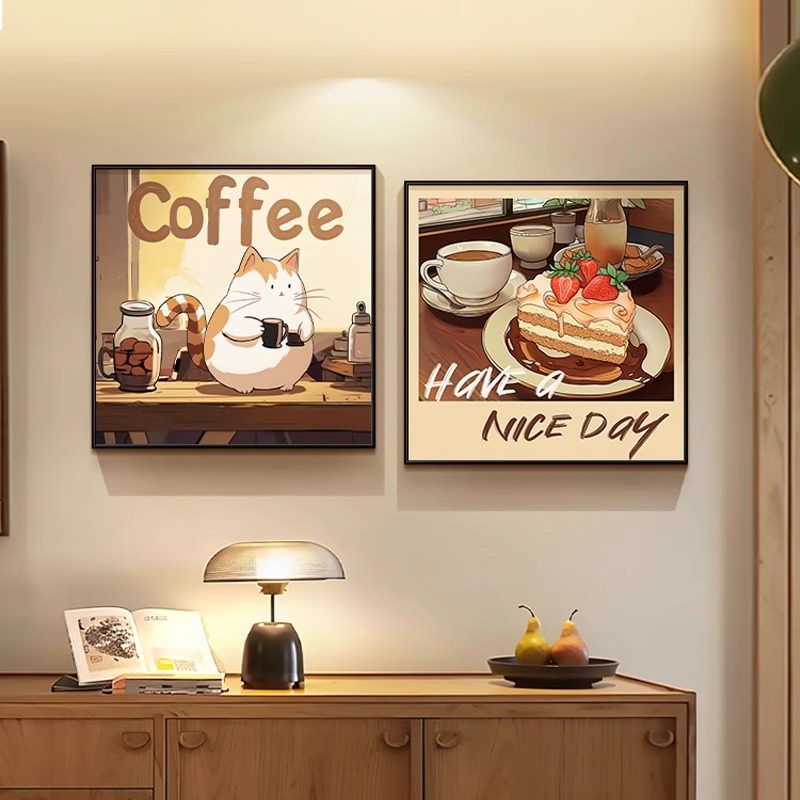 美拉德餐厅装饰画卡通治愈系咖啡厅背景挂画复古艺术客厅卧室壁画,家居饰品,现代装饰画,淘宝优惠券,粉丝福利购,淘宝优惠卷