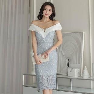 韩国代购 2025年春2.20气质大V领蕾丝拼接包臀宫廷风女人味连衣裙