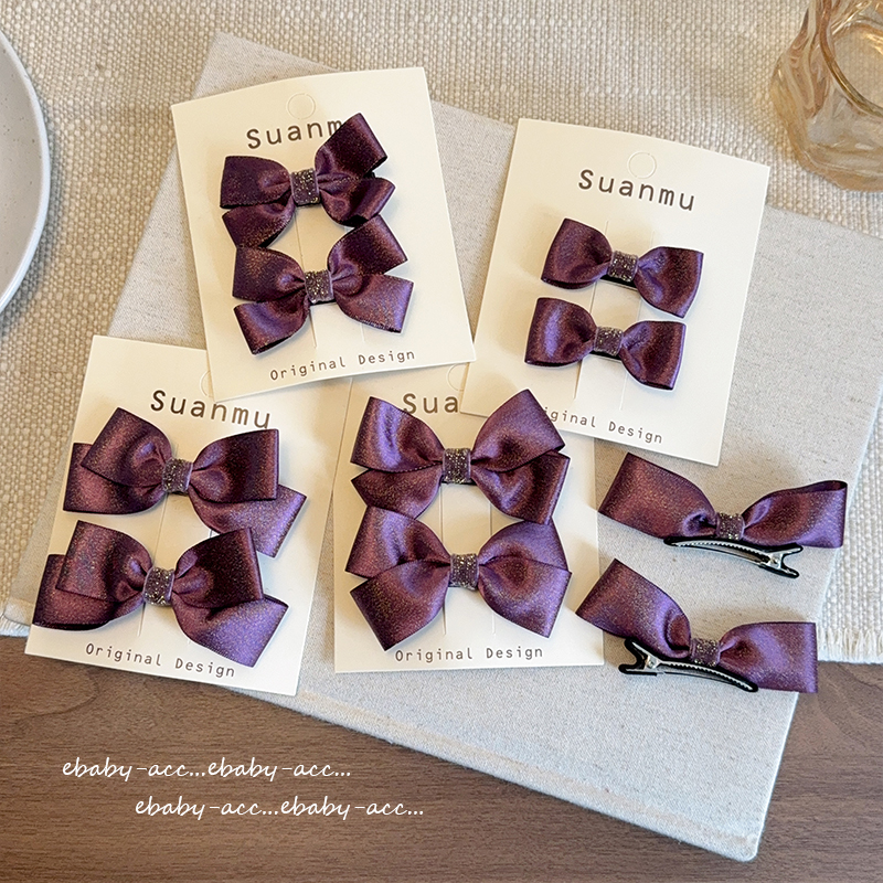 新款儿童高级紫蝴蝶结发夹鸭嘴夹公主洋气顶夹马尾立体蝴蝶结发卡