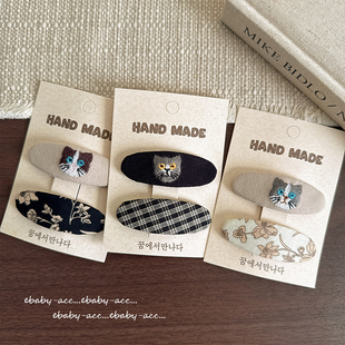 秋冬新儿童可爱猫咪格子布艺BB夹不伤发碎花格纹高级侧边耳后发卡