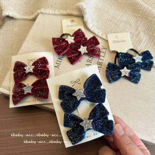儿童闪闪蝴蝶结发圈银色星星对撞发夹女童丝绒酒红色新年头绳发卡