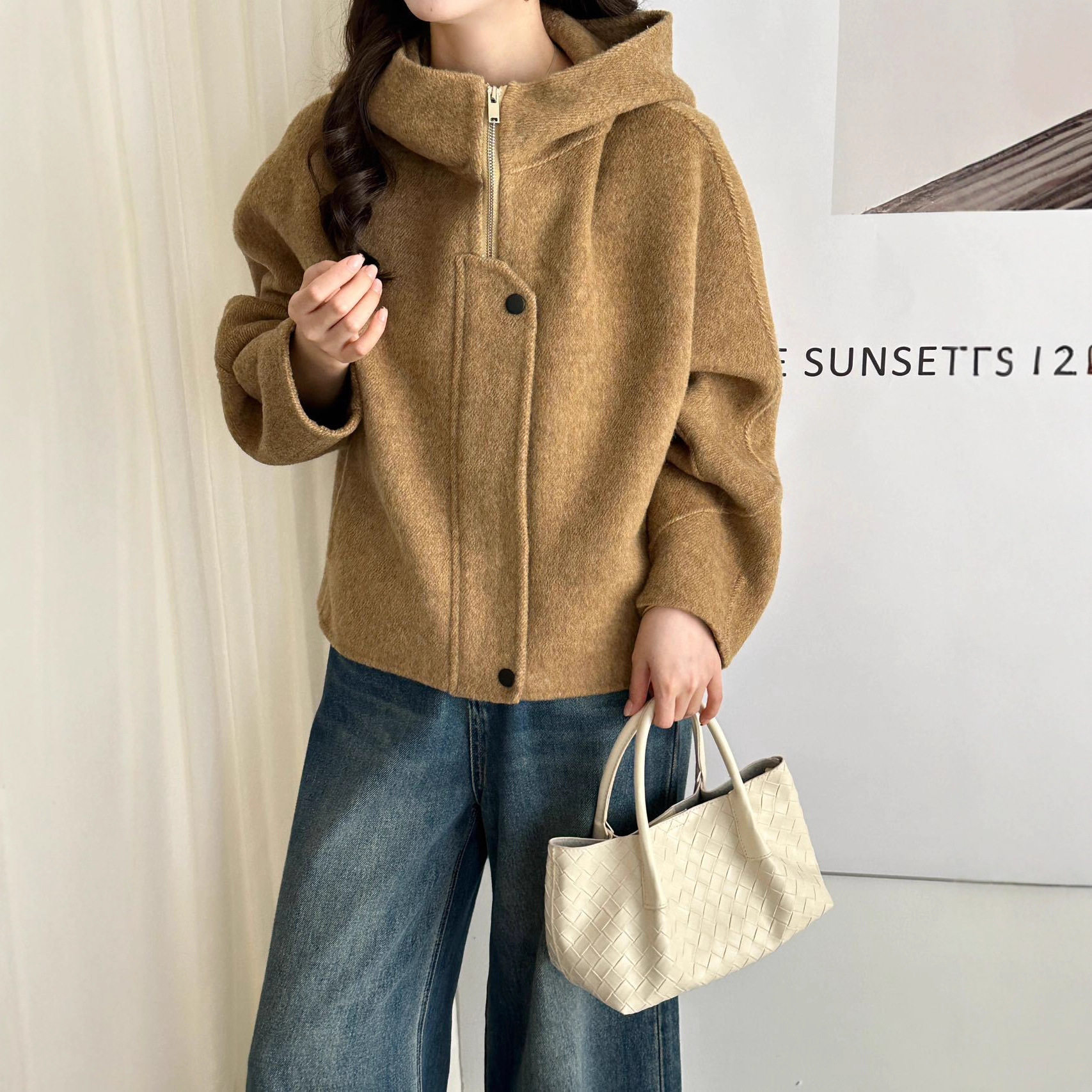 羊毛~短款连帽拉链韩版宽松大衣秋冬女装双面呢外套,女装/女士精品,毛呢外套,淘宝优惠券,粉丝福利购,淘宝优惠卷