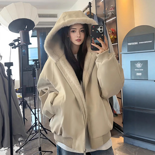 美式连帽座山雕皮衣外套棉服男女款冬季加绒加厚保暖毛领棉衣夹克