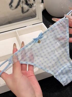 粉色网纱T裤丁字裤性感蓝色千鸟格日系可爱女士内裤低腰少女甜美