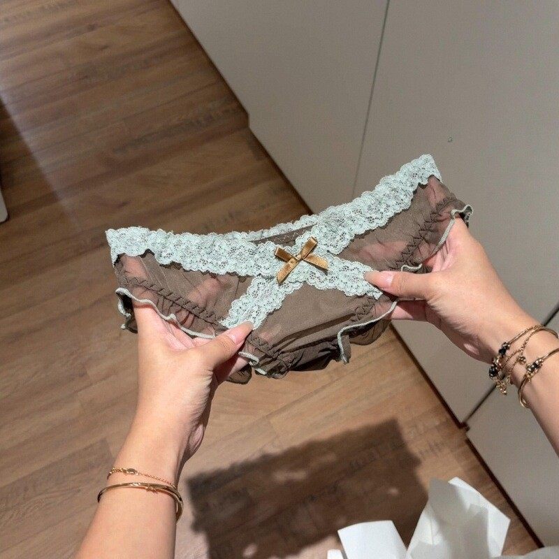 秋冬少不了薄巧~薄荷+咖色太高级了～法式交叉蕾丝蝴蝶结网纱内裤,女士内衣/男士内衣/家居服,女三角裤,淘宝优惠券,粉丝福利购,淘宝优惠卷
