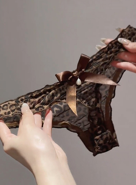 骄纵小野猫*欧美性感豹纹蝴蝶结透气低腰内裤网纱镂空简约丁字裤