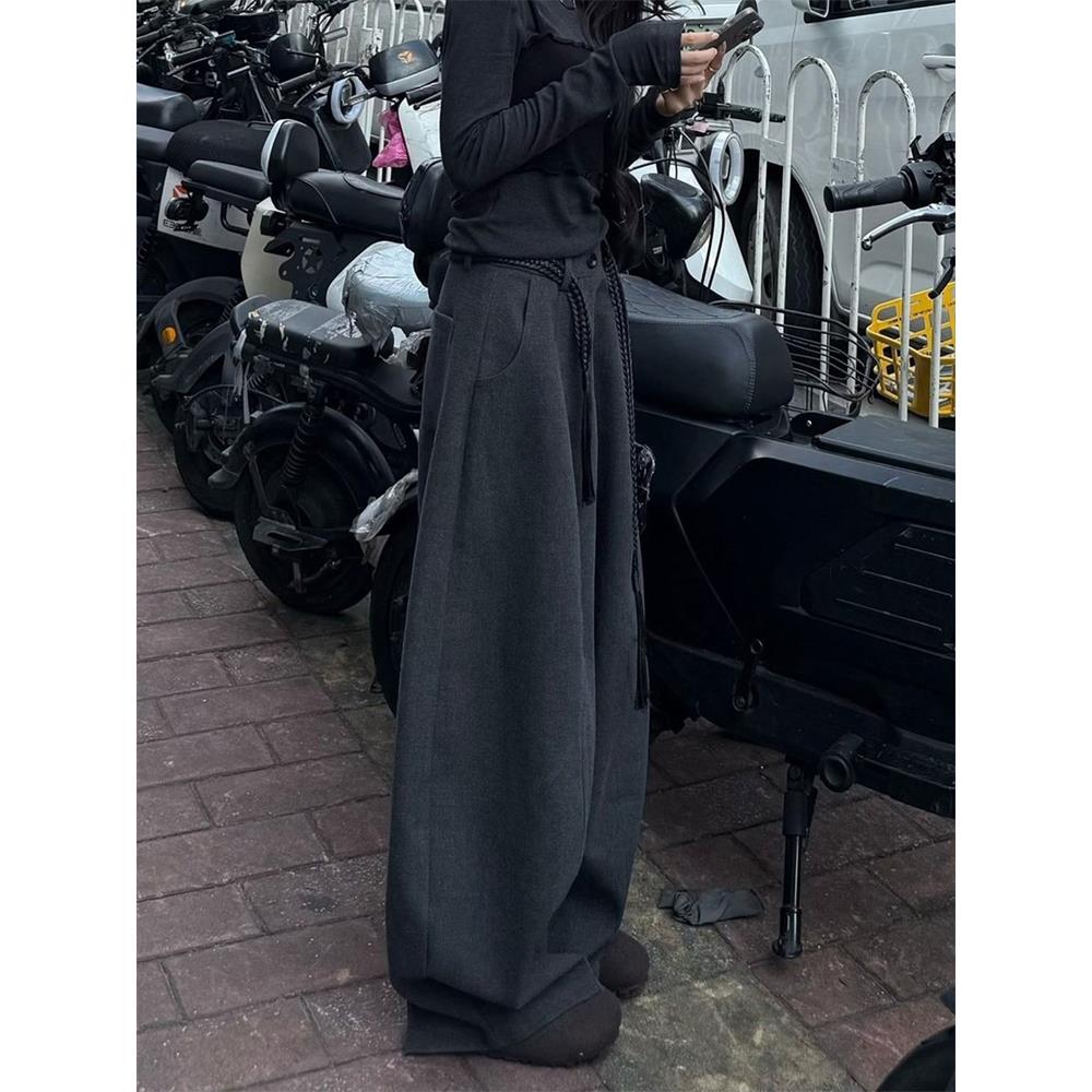 垂感拖地灰色松弛阔腿裤